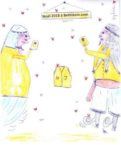 nativité 2018, @marie,@josephcharpentier, #giletsjaunes,noel 2018; caricatures nativités neidinger